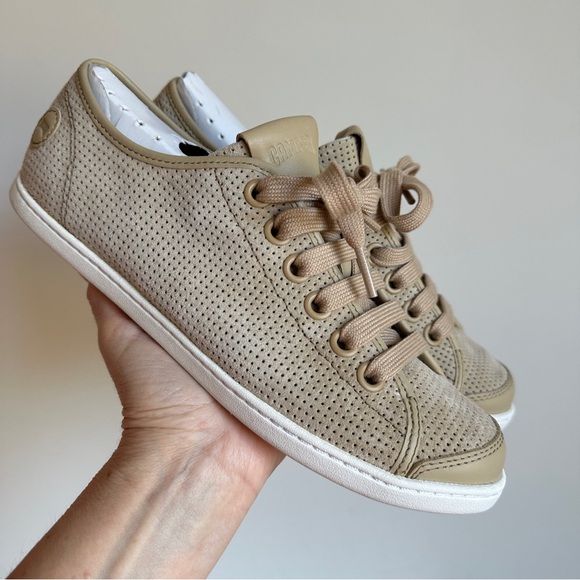 Camper Uno Perforated Suede Low Top Sneakers - Beige Tan, Size 38 - Picture 5 of 17